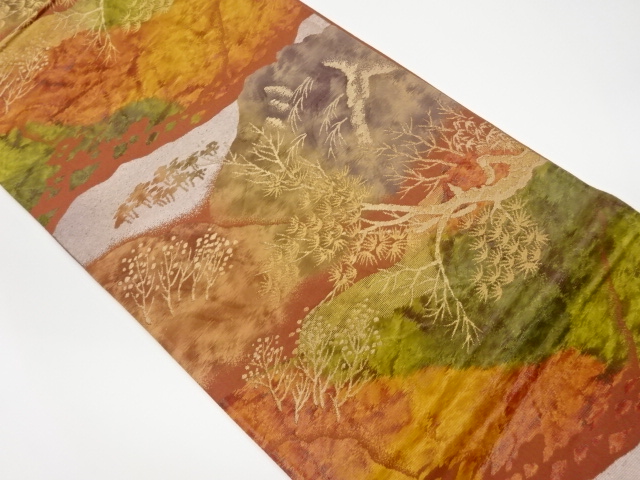 リサイクル　山並に枝葉模様織出し袋帯